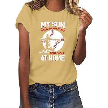 Imagem de PKDong Camiseta feminina de beisebol com estampa My Son at Home, manga curta, gola redonda, casual, verão, Amarelo, M