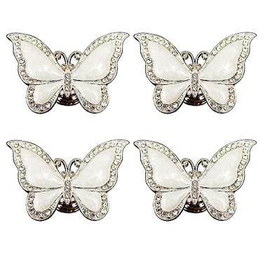Imagem de HIZEFSOO Puxadores decorativos para armário de borboleta de diamante de cristal 4 peças - Puxador de gaveta de animal criativo - Puxador de cômoda de cozinha dourado (branco)