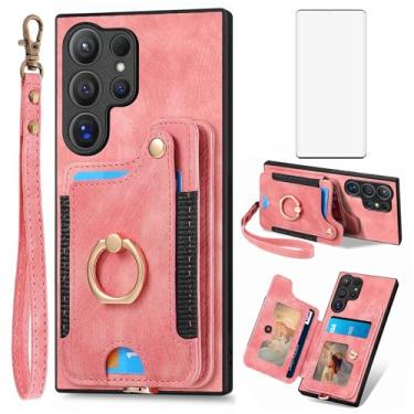 Imagem de Capa carteira para Samsung Galaxy S24 Ultra 5G com protetor de tela de vidro temperado e alça de pulso RFID suporte para cartão de crédito anel suporte celular S24Ultra 24S S 24 24Ultra feminino