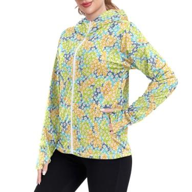 Imagem de JUNZAN Camisetas femininas com proteção solar botânica, floral, FPS 50+, manga comprida, moletom com capuz, moletom com capuz legal, Floral botânico, P