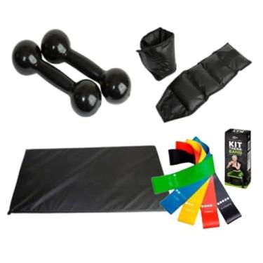 Imagem de Par Halter Peso 4 kg Emborrachado + Par Caneleira 3 kg + Colchonete preto + Kit 5 Elásticos