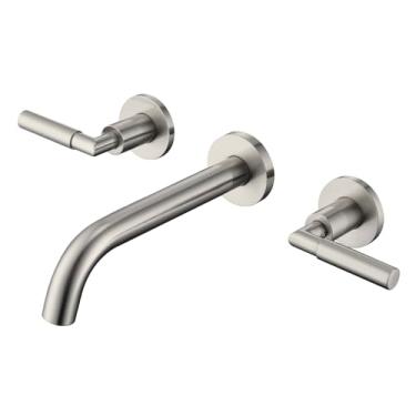 Imagem de Pattlye Torneira de montagem na parede de níquel, torneira de pia de banheiro de níquel escovado, alça dupla, válvula áspera de latão incluída, Pt02BN