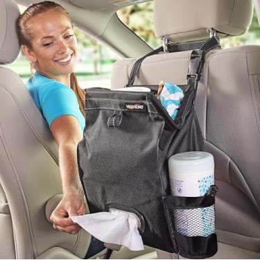 Imagem de High Road Saco de lixo para banco traseiro de carro com porta-lenços e bolsos para copo – Comporta uma caixa de lenços de tamanho completo – Caixote de lixo de carro coberto de 6 litros