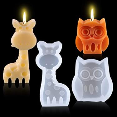 Imagem de HyzaPhix 2 peças de molde de vela 3D molde de resina animal dinossauro, moldes epóxi, coruja, girafa, elefante, sapo, molde para fazer velas artesanais de sabão (A)