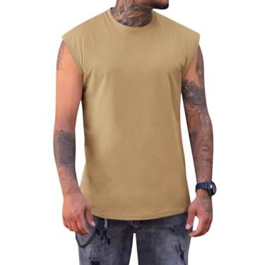 Imagem de Runcati Camiseta regata masculina sem mangas, gola redonda, casual, treino, academia, corte muscular, Caqui, M