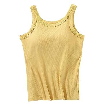 Imagem de Camiseta feminina de algodão com sutiã embutido, cor lisa, ajustável, alças finas, camisetas básicas elásticas, Amarelo, G