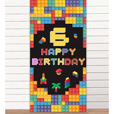 Imagem de Blocos de construção coloridos, faixa de fundo de feliz aniversário de 6 anos, brinquedos de construção, blocos de tijolos, decoração temática para meninos 6º aniversário, lembrancinhas, suprimentos,