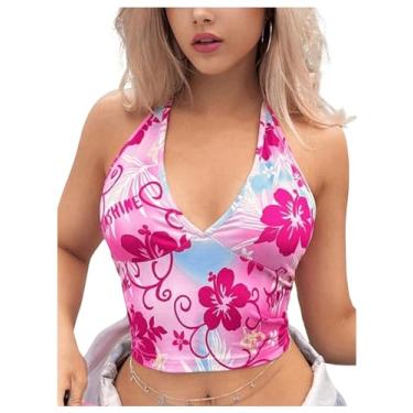Imagem de Floerns Camiseta regata feminina com estampa floral frente única sem mangas, rosa, M