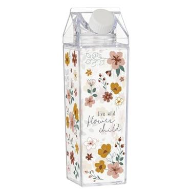 Imagem de Garrafa de água acrílica da Heartfelt - Garrafas quadradas - Garrafa de água transparente para suco ou caixa de leite, 500 ml, Flower Child