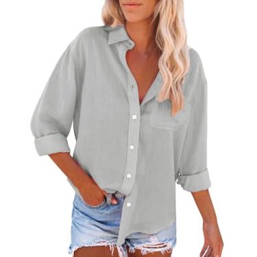 Imagem de Tops de verão para mulheres 2024 camisa de manga longa de linho feminina camisas de botão camisas casuais de negócios tops blusa moderna, Ofertas flash cinza, M