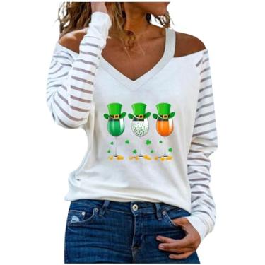Imagem de Nagub Camiseta feminina St Patricks Day, manga comprida, gola V, verde trevo, ombros de fora, listrada, camisas elegantes túnicas, Gnomo fofo, P