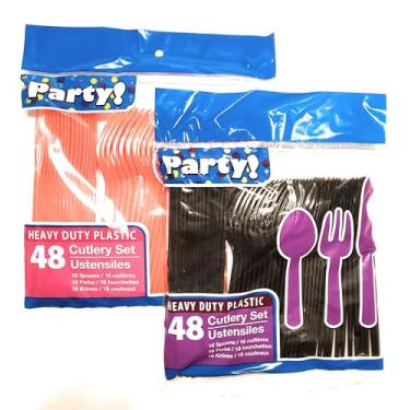 Imagem de Conjunto de talheres de festa de Halloween e outono laranja e preto - Utensílios de plástico descartáveis - 96 peças - 32 colheres, 32 garfos, 32 facas
