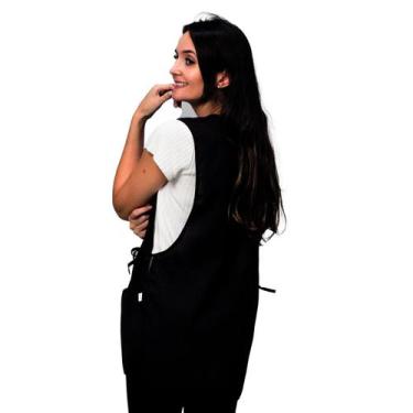 Imagem de Avental Bata Com 2 Bolsos Oxford LojaLoja Liso Preto Frente e Costa