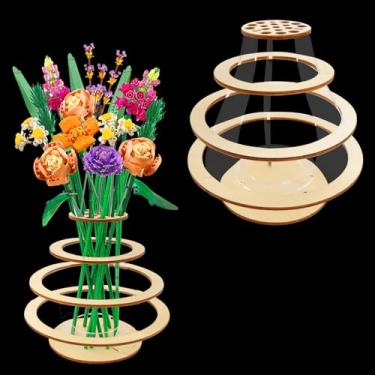 Imagem de Vaso de madeira para flores de Lego - Vaso de anéis flutuantes para conjunto de montar buquê de flores de Lego - Suporte de exibição para Lego rosas flor de cerejeira girassol tulipas narcisos lótus