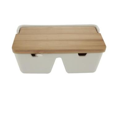 Imagem de Saleiro de Mesa Duplo de Cerâmica com Tampa de Madeira e Colher Bianco