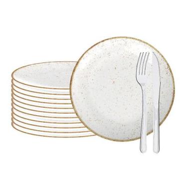Imagem de Jogo de Pratos Rústico 12pç Porcelana 25cm Com Talheres Buzios Tramont
