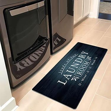 Imagem de Tapete de lavanderia antiderrapante para lavadora e secadora, tapete de lavanderia 51 x 122 cm, tapete confortável antifadiga para lavadora e secadora, cozinha, banheiro, preto e azul-petróleo