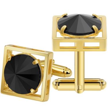 Imagem de Abotoaduras douradas masculinas, abotoaduras de cristal TAIGRAMA para homens abotoaduras de latão casamento negócios presente de aniversário para noivo pai marido namorado, Metal, Sem Pedra Preciosa