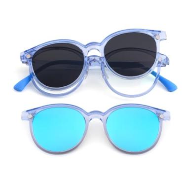 Imagem de EYEBUDDY Óculos de sol com clipe magnético infantil, óculos de sol polarizados UV para meninos e meninas (1 armação + 2 suportes de lentes magnéticas), Armação azul, Little Kid