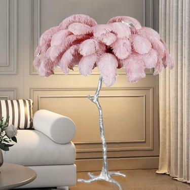 Imagem de Lâmpada de pé de resina com corpo de lâmpada prateada Lâmpada de piso de pena de avestruz natural, lâmpada de pé simples regulável em 3 cores, luminária moderna para quarto, sala de estar