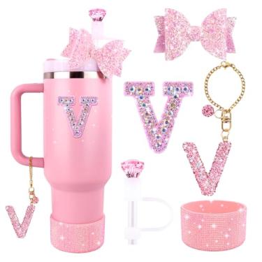 Imagem de Lingdeer Conjunto de acessórios rosa para Stanley Cup 850.5 g 1,134.0 g, pingentes de letras brilhantes, capa de palha de diamante, bota de silicone com glitter, adesivo personalizado, enfeite de