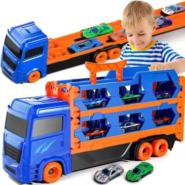 Imagem de Caminhão Cegonha Lançador Carrinho Pista Gigante Menino  - DM Toys