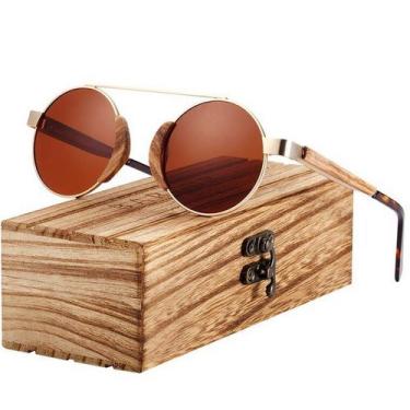 Imagem de Óculos de Sol Unissex Redondo Design Madeira Moda Verão Lentes Polariz