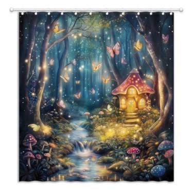 Imagem de YOZSLGU Cortina de chuveiro floresta fada cogumelo fantasia jardim borboleta floral encantado tecido das maravilhas decoração de banheiro cortinas com ganchos, 177,8 cm L x 180 A