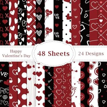 Imagem de 48 peças de papel de scrapbook com padrão de dia dos namorados, 30,5 x 30,5 cm, vermelho, preto, coração, amor, papel especial, 24 estilos, papel-cartolina decorativa, dobrado, plano para fazer
