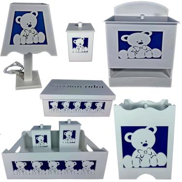Imagem de Kit higiene bebe mdf decorado 8pçs - ursinho azul marinho
