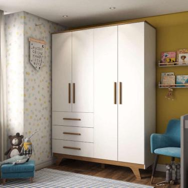 Imagem de Guarda Roupa Infantil Retrô Branco/Carvalho 4 Portas Lisas, 3 Gavetas, 100% Mdf Peroba - Móveis Peroba