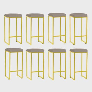 Imagem de Kit 08 Banqueta Alta Lara Para Cozinha Bar Balcão Bistrô Churrasqueira Ferro Dourado Tecido Sintético Bege - Ahz Móveis
