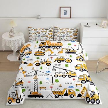 Imagem de Feelyou Conjunto de cama solteiro com desenho de caminhão de construção, escavadeira, veículo, trator, carros, maquinário, equipamento, edredom amarelo, decoração
