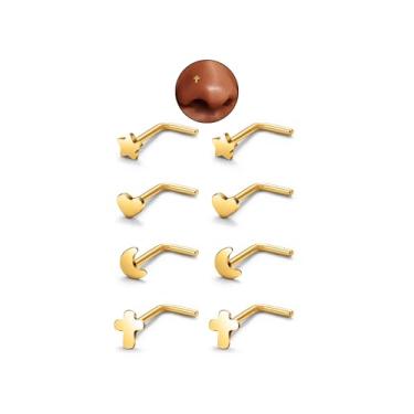 Imagem de DGhera Brincos de nariz: 10 peças 20G 316L aço cirúrgico piercing de nariz hipoalergênico saca-rolhas joia de piercing de nariz, estrela, lua, coração e cruz para mulheres e homens, 20Gauge(0.8mm