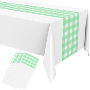 Imagem de Oudain Toalha de mesa de plástico xadrez descartável de 278 x 137 cm com design de caminho de mesa para festa de casamento de aniversário (verde e branco, 3 peças)