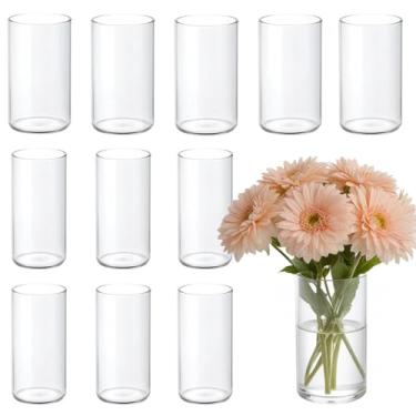 Imagem de Pacote com 12 vasos cilíndricos de vidro, pequenos vasos de flores de cilindro transparente de 15 cm, vasos de vidro flutuantes para mesa de centro de mesa de casamento em casa
