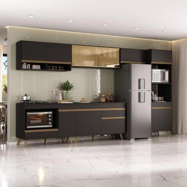 Imagem de Armário De Cozinha Modulada Completa 357cm Com Balcão Para Cooktop Veneza Multimóveis Mp2274 Preto Dourado
