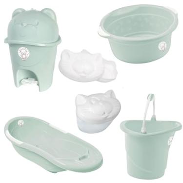 Imagem de Kit Banho Bebê Adoleta 6 Peças Banheira Lixeira Bacia Balde Saboneteira e Porta Chupeta (Verde)