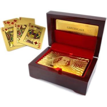 Imagem de Luxuosa caixa de baralho banhada a ouro 24 K e certificado com caixa de presente de madeira | Deixe seus truques de mágica mais luxuosos e criativos para a família e amigos