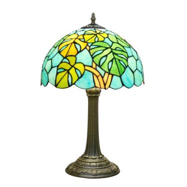 Imagem de NUODITOS Tiffany Candeeiro de costas de tartaruga de bambu estilo de folhas de palma vitrais candeeiro de mesa de quarto vintage luz de cabeceira para casa quarto escritório
