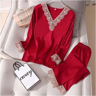 Imagem de Pijamas Conjunto De Pijamas De Seda De Cetim Para Mulheres Conjunto De Pijamas Conjunto De Dormir Feminino De Duas Peças Loungewear Home Wear Pijamas Femininos, D4, XL