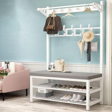 Imagem de Cabideiro De Metal Em Pé Com Banco De Sapatos Árvore De Casacos De Entrada Industrial Moderna Com 11 Ganchos E Sapateira De 2 Camadas 4 Em 1 Hall Tree Para Corredor Fácil De Montar, A, 80X33X170CM