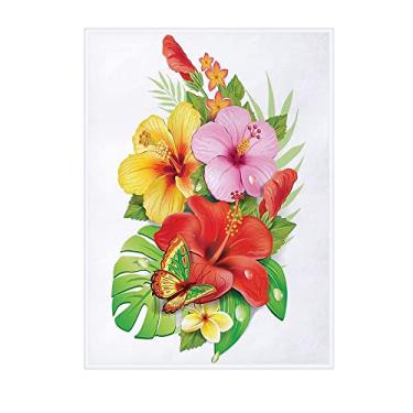 Imagem de Cobertor de flanela havaiano, buquê de flores de hibisco coloridas com pétalas de plumeria florescendo de borboleta, adequado para casa, escritório, casamento, presente, ao ar livre, acampamento,