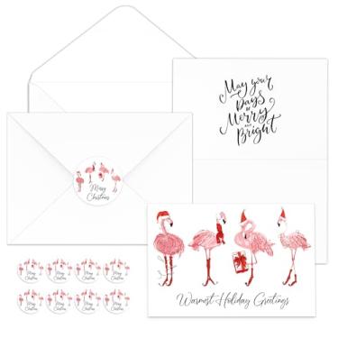 Imagem de Poen 50 conjuntos de cartões de agradecimento flamingo de Natal cartões de felicitações flamingo com envelopes, cartões de animais engraçados, cartões de Natal com designs exclusivos e palavras quentes, presentes de Natal para amigos e família, 10 x 15 cm