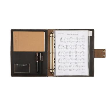 Imagem de Pasta de couro feita à mão, pasta de música personalizada, fichário de couro, 3 anéis para partituras de 21 x 28 cm com protetores de folha transparentes, Kahki escuro