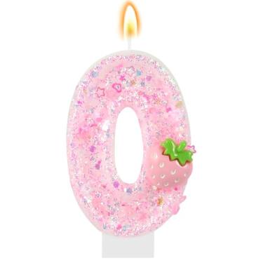 Imagem de IDIJOLI Velas número O rosa vela de morango aniversário topo de bolo decoração de cupcake para meninas e mulheres decoração de festa de morango comemorações suprimentos lembrancinhas