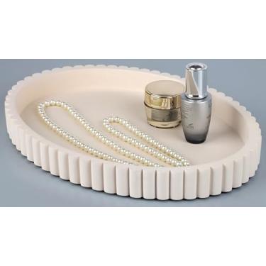 Imagem de Vixdonos Bandeja decorativa oval de concreto, bandejas decorativas para mesa de café, bandeja otomana para decoração de sala de estar, 33 x 24 x 3 cm (bege)