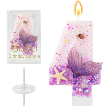 Imagem de IDIJOLI Vela roxa número 4 velas sereia aniversário 4º aniversário topo de bolo decorações de cupcake para meninas e mulheres, decoração de festa, aniversário, celebrações, suprimentos, lembrancinhas