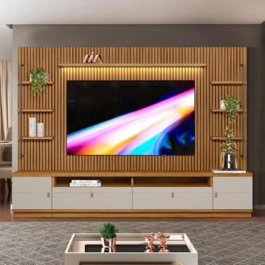 Imagem de Painel para TV até 75 Polegadas, Ripado com LED, 268x198 cm, Nature e Off White, Modular com Prateleiras