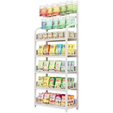 Imagem de Suporte De Exibição De Rack De Lanche De Varejo 5 Prateleiras, Suporte De Concessão De Home Theater Com Ganchos Para Doces De Saco De Batatas Fritas, Prateleira, White, 4-Tiers 50x27x146cm